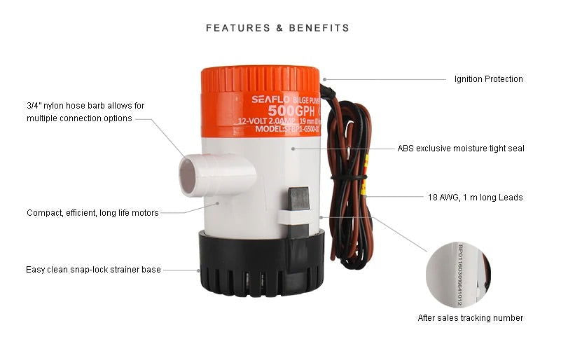 SeaFlo 12 Volt 500 GPH Submersible Non-Automatic Bilge Pump 19mm 3/4